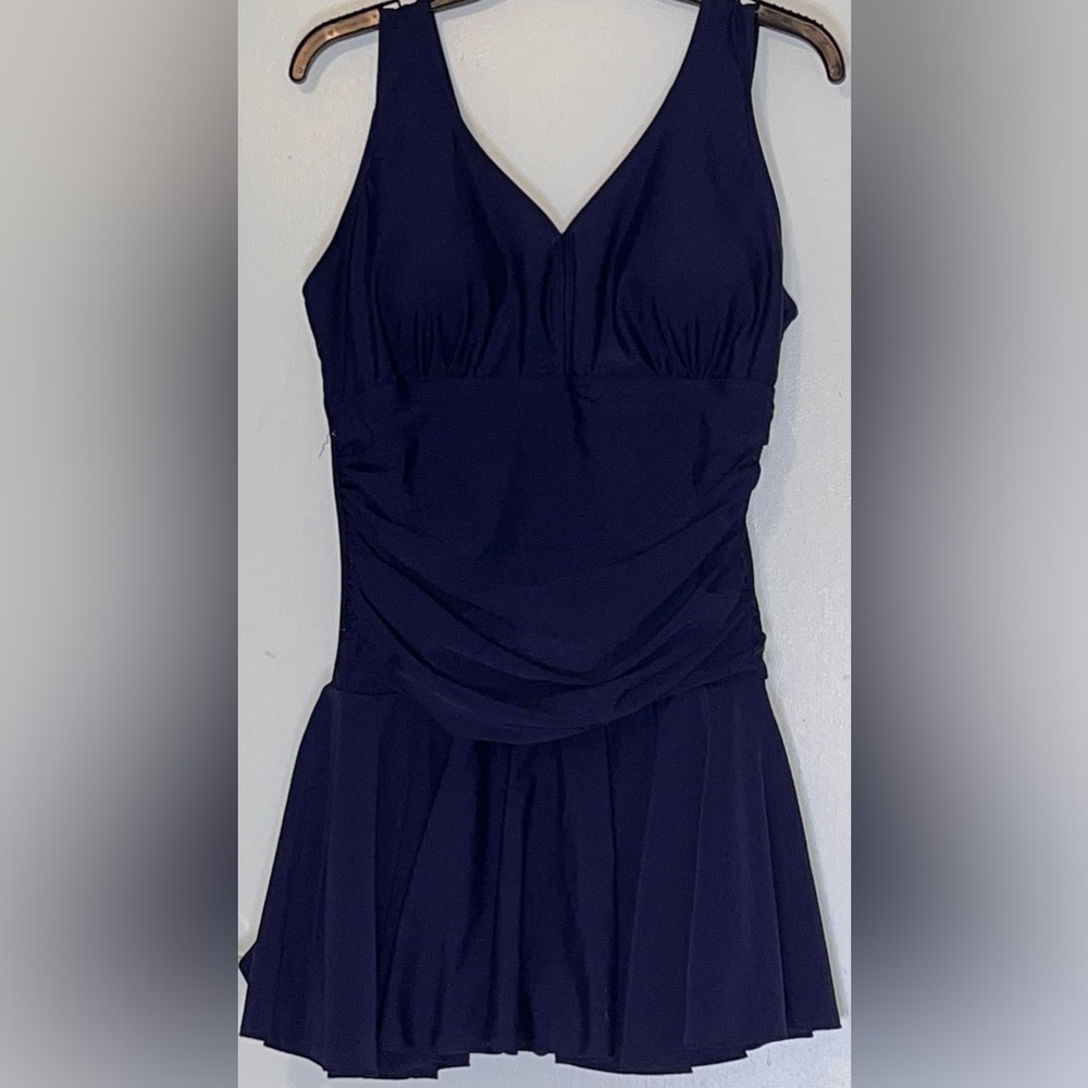 Navy blue skirted one piece swim suit - size L